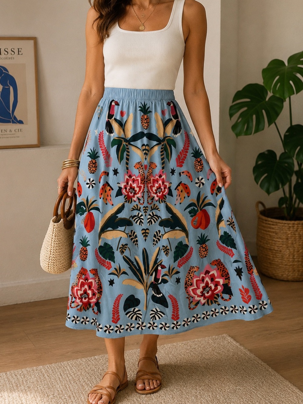 Boho Floral Embroidered Midi Skirt in Light Blue